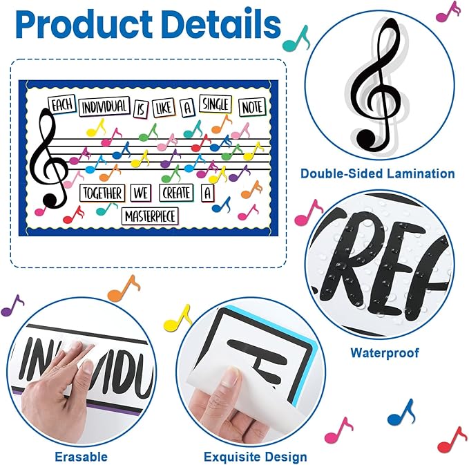 Music Themed Bulletin Board Set Musical Notes Classroom Bulletin Board Decorations Colorful Music Notes Cutouts for Kids School Classroom Chalkboard Wall Back to School Decor
