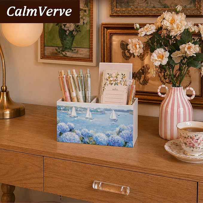 Coastal Beach Blue Hydrangea Pen Pencil Holder for Desk, Blue Pencil Holders Wooden Box Organizer for Girls Room Bedroom Dorm Desk Tabletop,Hydrangea Home Decor