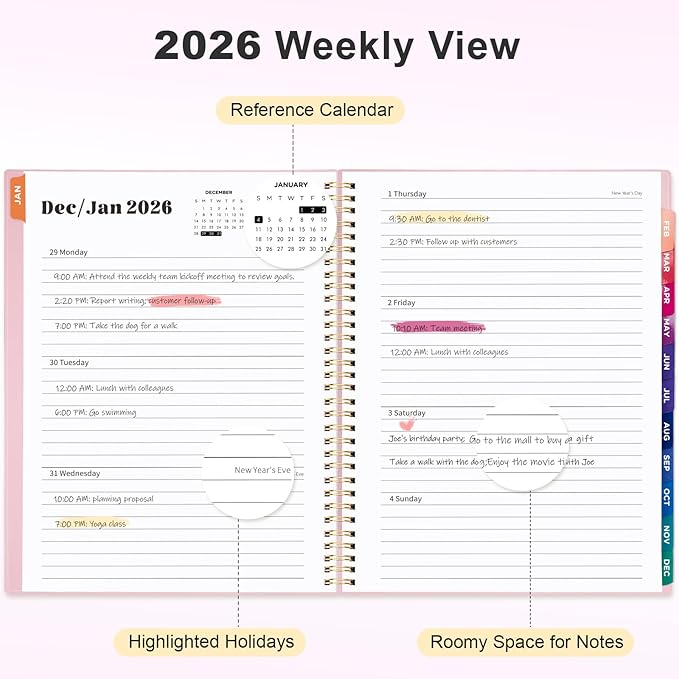 Oucaru 2026 Planner, Weekly and Monthly Planning Calendar, Jan 2026 - Dec 2026, 8.5" x 11", Spiral Bound, 12 Habit Trackers & Monthly Tabs, 2 Storage Pockets, Perfect for Office Home School Supplies