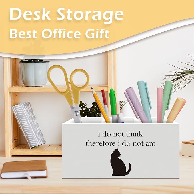 Funny Black Cat Pen Pencil Holder, Black Cat Gifts for Women, Cats Desk Accessories, I Do not Think Therefore I Do Not am Wooden Pen Pencil Organizer for Home Office Desk Decor