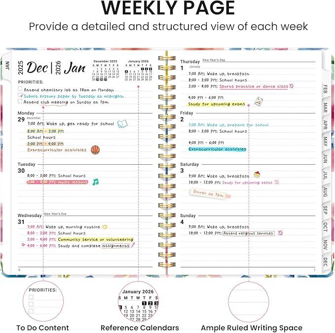 2026 Planner, Weekly and Monthly Calendar Planner for Women, Jan 2026 - Dec 2026, Hardcover Planning Agenda book with Tabs, Spiral Bound, Inner Pocket, Perfect for School Office Supplies, 6.3" x 8.5" - Bloom Floral