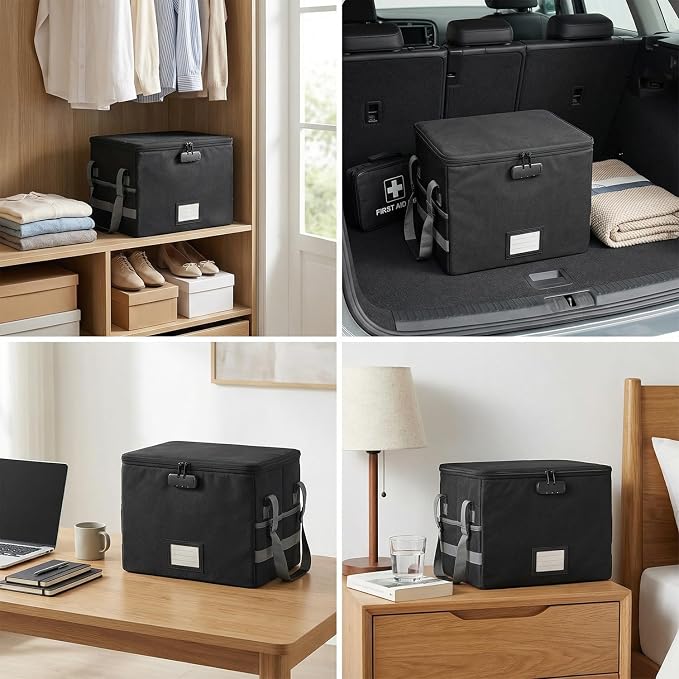 novelinks File Box with Lock, Fireproof Document Box for Home Office,Collapsible Storage Box with Mesh Pockets & Zipper & Handle, Cabinet for Hanging Letter/Legal Folder,Black (Single-layer)