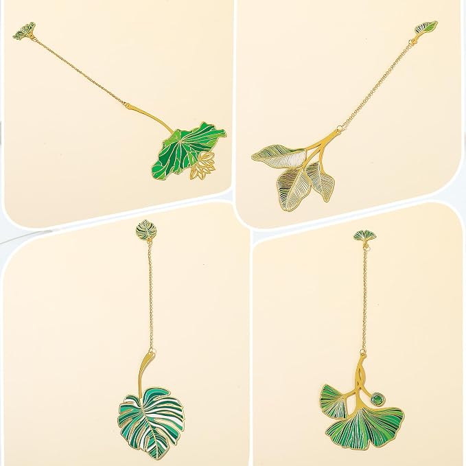 4pcs Metal Bookmarks with Chain Lotus Leaf Bookmark Birthday Gifts Teacher Christmas Gifts Unique Plant Gifts Literary Accessory Appreciation Stuffers for Women Grils Readers Writers Book Lovers