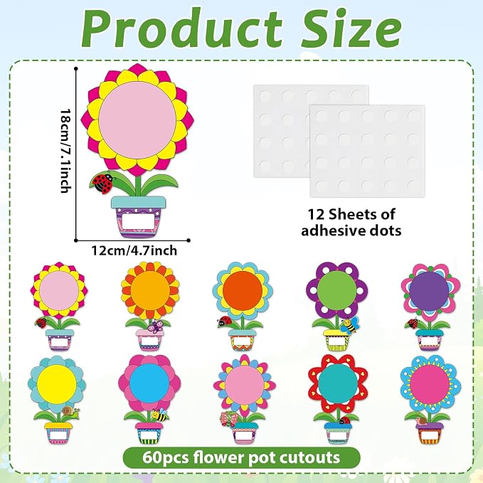 60pcs Flower Pot Theme DIY Cutouts Flower Pots Bulletin Board Decoration Set Spring Colored Plant Pot Paper Cut-Outs Classroom Decor for Boy Girl DIY Photo Craft Kindergarten School Wall Door Supplies
