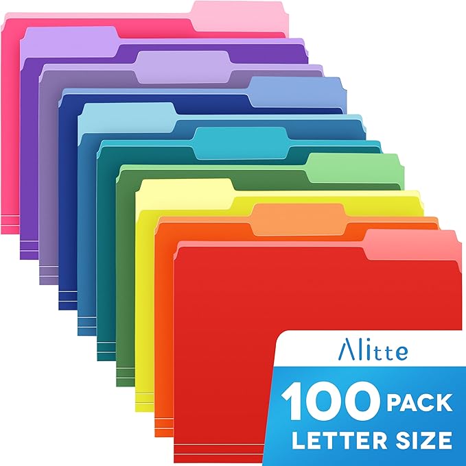 Alitte Colored File Folders Letter Size - 100-Pack Bulk, 10 Assorted Color File Folders for Documents, 1/3 Cut Tab - Office Supplies for Filing Cabinet, Desk, and File Folder Organization