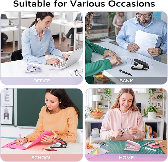 Effortless Stapler for Desk with 40-50 Sheet Capacity, 2000 Staples, 1-Touch Stapling, Ergonomic & Easy to Load Desktop Staplers, Heavy Duty Stapler, and Magnetic Staple Remover, Pink