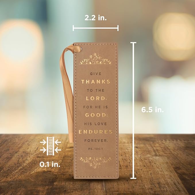 Christian Art Gifts Tan Faux Leather Floral Bookmark for Women: Give Thanks - Psalm 106:1 Inspirational Bible Verse, Heat-Debossed & Golden Accents with Light Sandy Tan Satin Ribbon Reading Accessory