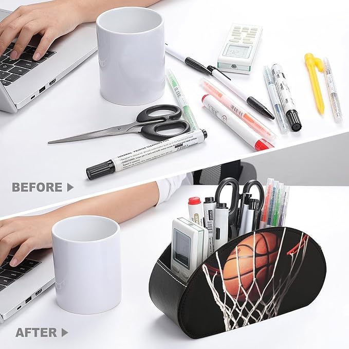 PU Leather Basketball Remote Control Holder Caddy with 5 Compartments Nightstand TV Remote Caddy Small Desktop Organizer Storage for Remotes Makeup Office Supplies