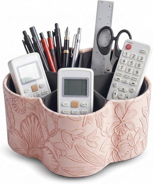 Flower Shaped Leather Art Supply Organizer,Remote Control Holder,360 Degree Spinning,Multi-Functional Pencil Holder,5 Compartments Desktop Stationary Organizer(1-Flower Pink)