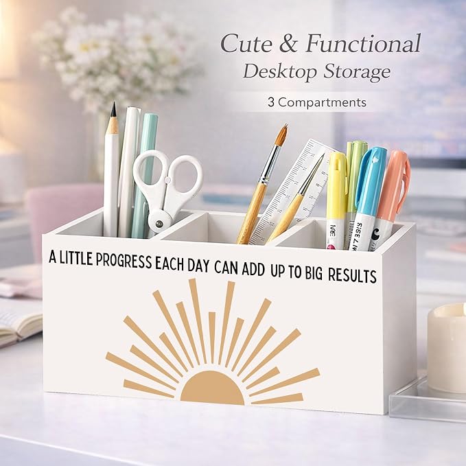 A Little Progress Each Day Desk Organizer, 3 Compartment Wooden Pencil Holder, Cute Motivational Desk Storage Box for Pens, Pencils, Scissors, Ruler, Office Supplies, Home, Classroom