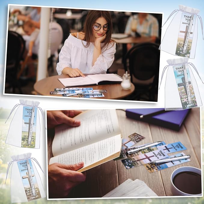 Dispowreath 48 Pcs/24 Sets Welcome to Our Church Gifts 24 Pcs Thank You for Joining Us Ballpoint Pens 24 Pcs 1 John 4: 7 Church Cross Flower Bookmarks Religious Brochure Favors for Women Men Visitor