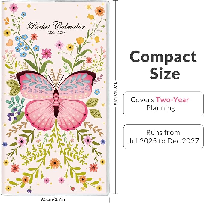 Phyxin Pocket Calendar 2025-2027, Two Year Pocket Planner - Runs From Jul 2025 Until Dec 2027, Small Size Planner - 6.7" x 3.7", Small Calendar for Easy Organizing, Butterfly
