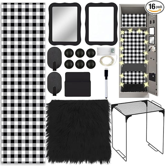 16 Pcs Locker Accessories Kit Black Locker Organizer Decorations Include Checkered Wallpaper String Light Magnetic Whiteboard Mirror Storage Cup Marker Rug Organizing Shelf for Back to School Supply