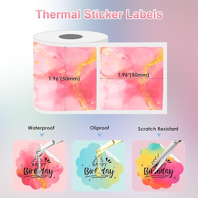 3 Rolls Thermal Labels,50x50mm Colorful Label Stickers for Phomemo M110/M220/M120/M221 Label Maker Printers, Gradient Flower Edge Paper for Name, Logo, Design, DIY, QR Codes