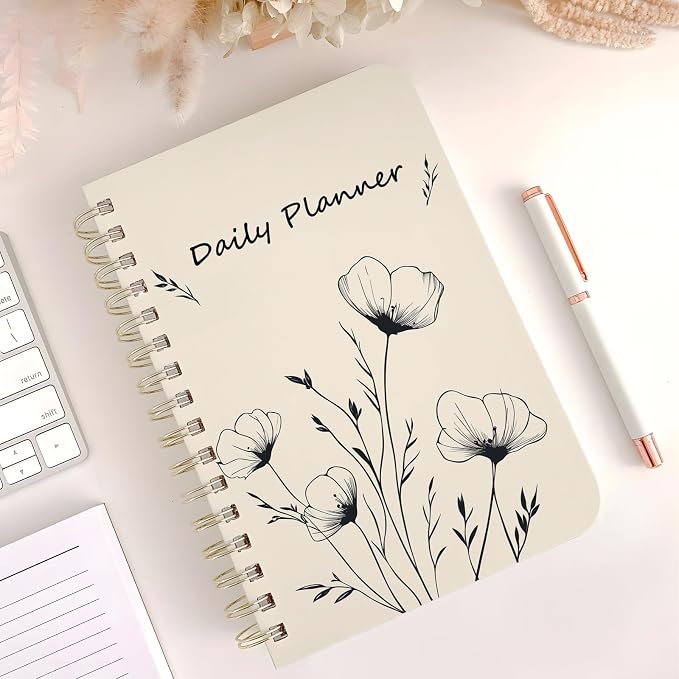 Undated Daily Planner - Spiral Notebook 80 Days One Day Per Page, Hourly Schedule, To-Do List, Notes, Everyday Planning Task, A5 Hardcover Journal Organizer Book Women Cute, White Flower