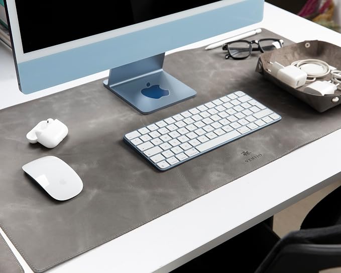 VENITO Leather 3-in-1 Desk Mat Set – Desk Mat (32"x16"), Organizer Tray & Cup Coaster – Full-Grain Leather Desk Pad for Office & Home – Elegant Workspace Accessories for Men & Women, Grey