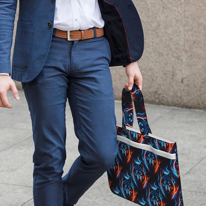 Portable Canvas Document Briefcase, Zippered File Bag with Handle for Office Meeting Travel, Fire Flame Wolf