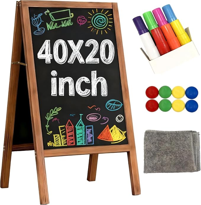 A-Frame Chalkboard Sign Large 40" x 20" Double-Sided Outdoor Foldable Blackboard Magnetic Wooden Sidewalk Signs Standing Board for Cafes & Events