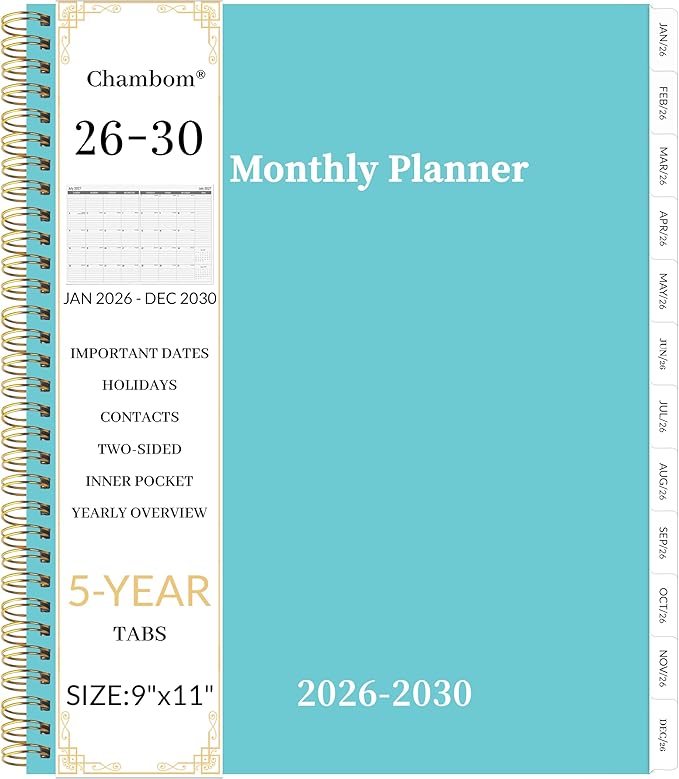 2026-2030 Monthly Planner 5 Year Monthly Planner/Calendar 2026-2030, Jan 2026 – Dec 2030, 9" x 11", Tabs, Double-Side Pocket, Holidays, Thick Paper - Blue