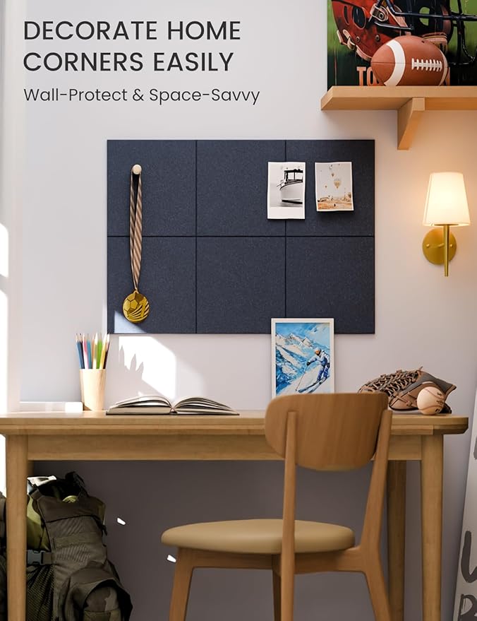 Fluxynara Felt Bulletin Board Tiles -28"x18" Cork Board Alternative for Office Decor, Push Pin Board Wall Organizer 6-Pack - Navy Blue