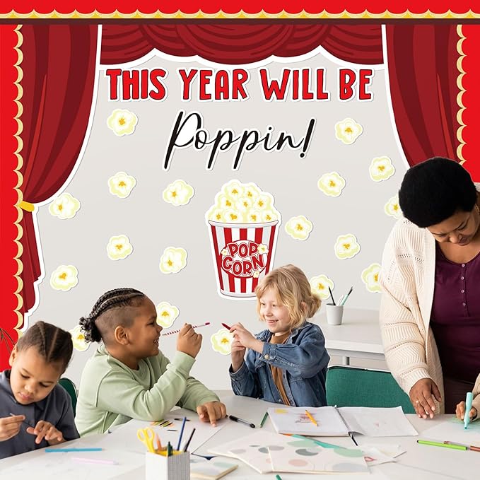 JarThenaAMCS 74 Pcs Popcorn Bulletin Board for Classroom Decorations DIY Crafts Movie Themed Paper Cutouts for Students Wall Popcorn Party Supplies Back to School Decor