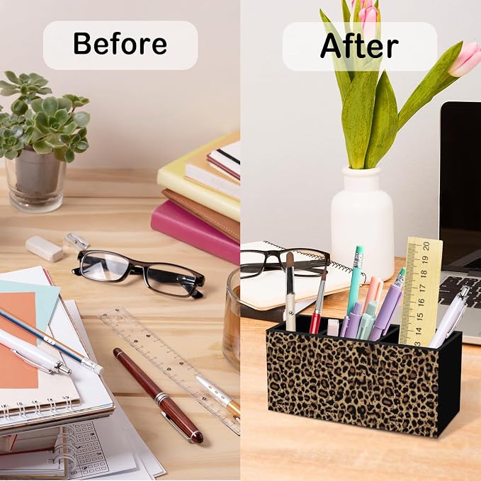 Trendy Retro Leopard Print Pen Pencil Holder for Desk, Funky Cheetah Wooden Box Office Desk Accessories, Leopard Print Pen Holders Organizer for Women, Cheetah Room Decor