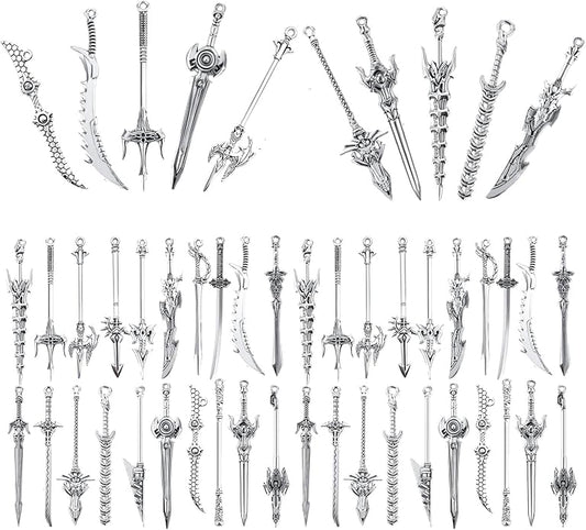Dimeho 40 Pcs Antique Swords Bookmark Metal Vintage Knife Charms Silver Keychain Sword Pendants Mini Ancient Knife Accessory Gift for Book Lovers DIY Necklace Bracelet Crafting