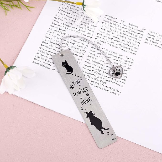 Cat Bookmark, 12.9x2.5cm/5.08x0.98in Zinc Alloy Adorable Metal Cute Funny Black Animal Paw Prints Reading Book Marks Marker Bookmarker for Teacher Student Friend Women Book Lovers Gift Accessories