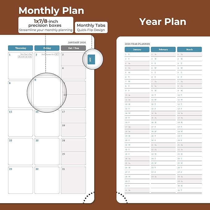Weekly Monthly 2026 Planner (Jan.26-Dec.26),6.5"x3.75",12 Months Agenda Plan with Month Tabs & Pocket,Expenses/Note Pages, Appointment Book Calendar with Hardcover Vegan Leather Cover,Brown