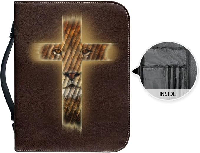 Vintage Religious Cross and Lion Bible Case with Bookmark Waterproof Bible Cover Case for Women Lightweight Bible Bag with Handle Pockets Church Book Bag Brown