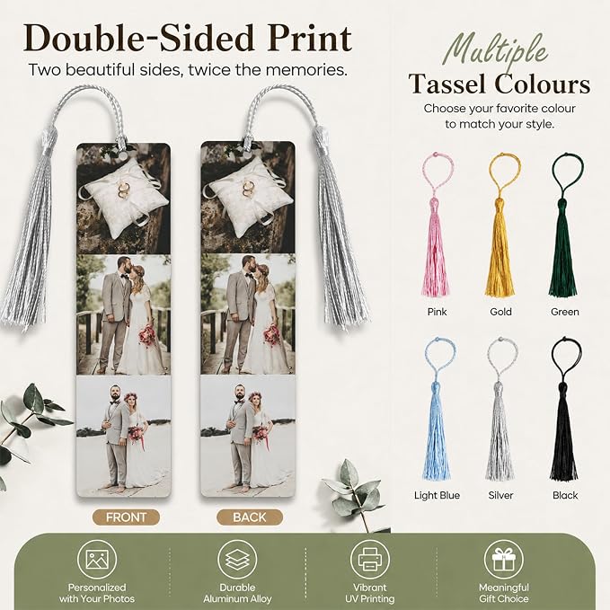 Personalized Photo Bookmark with Text, Custom Metal Page Marker with Tassel, Double Sided Aluminum Alloy Gift for Women Men Teachers Students and Book Lovers (2 Photos)