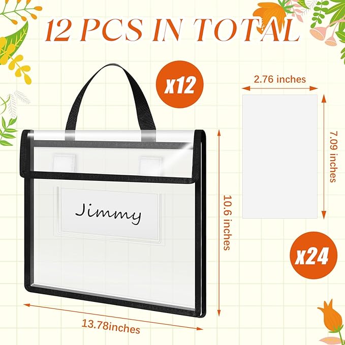 Teling 12 Pack Thick Clear Book Pouches with Blank Name Tags and Handles Book Baggies Bags Bins Organizer for School Classroom Library Pockets Students (14 x 11 Inch,Black)