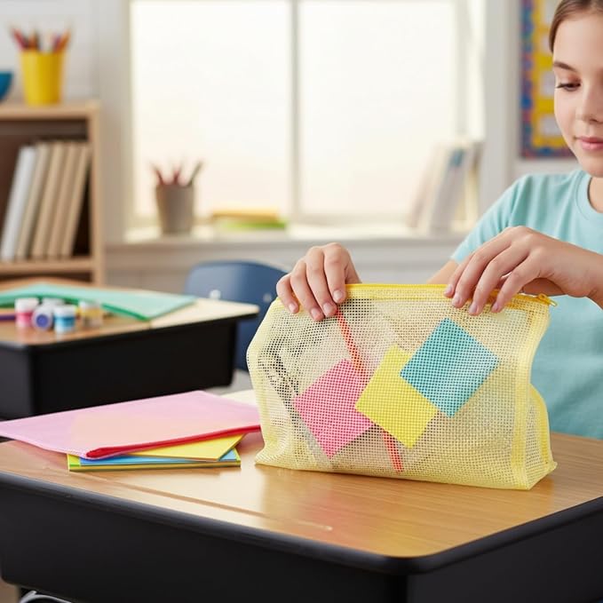 Fun Express 13 1/4" x 9 1/4" Medium Mesh Zippered Vinyl Storage Bags - 12 Pieces