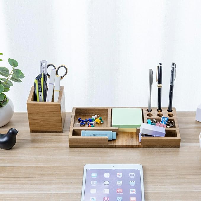 MyGift Wood Desk Tray Desk Organizer Office Desktop Pen Holder Sticky Note Holder Acacia Solid Wood Storage Tray