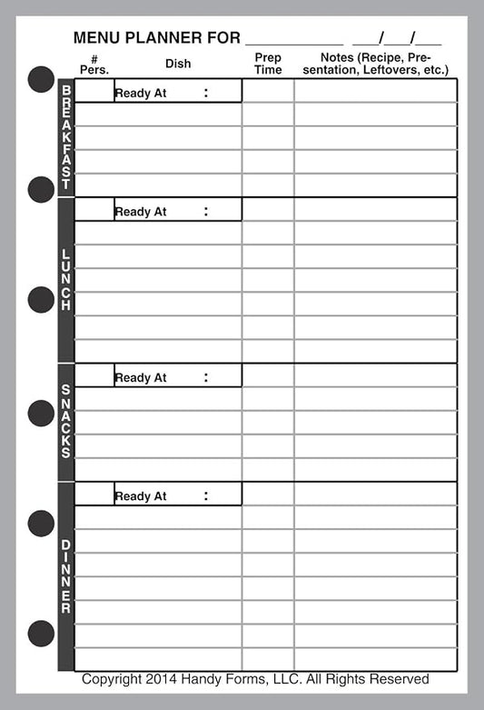 Pocket Size Menu Planner and Shopping List, Sized and Punched for Pocket Notebook (3.25" x 4.75")