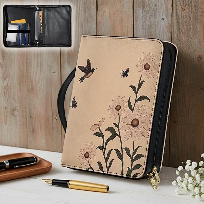 Leather Small Bible Cover with Bookmark，Carrying Book Case Church Bag Bible Protective w/Pen Slots and Zippered Pocket,Gift for Women,Daisy Bird