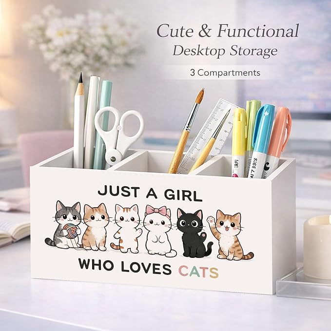 Cat Lover Desk Organizer Wooden Pen Pencil Holder for Desk, 3 Compartments Office Desk Accessories, Just A Girl Who Loves Cats Desk Decor, Cute Cat Gifts for Women Home Office Desk Storage