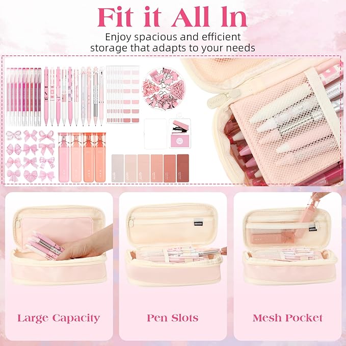 Eersida 58 Pcs Christmas Pink Bow School Supplies Coquette Aesthetic Stationery Large Pencil Pouch Ink Gel Pens Highlighters Sticky Notes Color Pens Stapler Set Christmas Gifts for Student