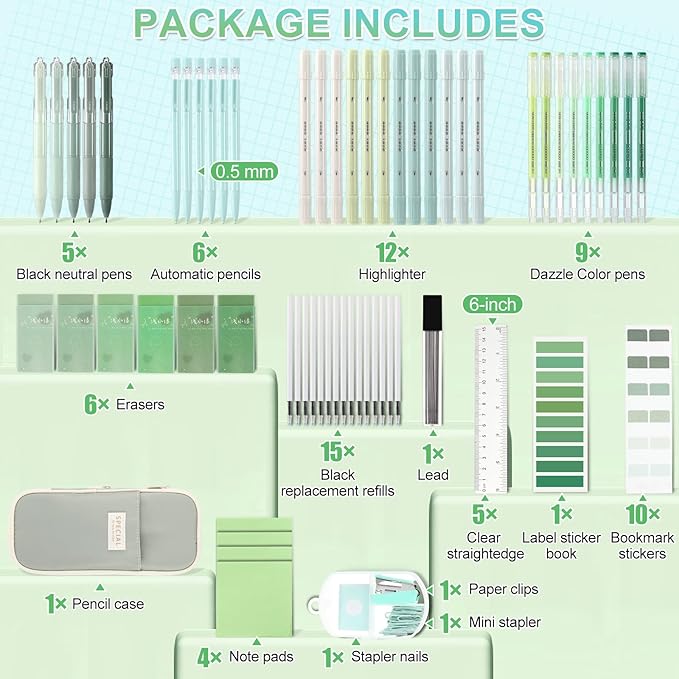 Eersida 74 Pcs Aesthetic School Supplies with Large Pencil Pouch 5 Ink Gel Pens 12 Highlighters 6 Mechanical Pencils 0.5mm 9 Color Pens 4 Note Pads Set for Student Stationary (Green,Nature Style)