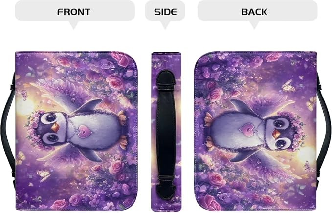 Cute Penguin Bible Carrying Case for Women Purple Flower Bible Cover Case Bible Case for Girls For Bible Study Accessories Supplies Christian Gifts for Women-Size M