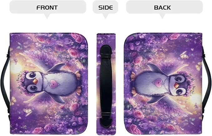 Cute Penguin Bible Carrying Case for Women Purple Flower Bible Cover Case Bible Case for Girls For Bible Study Accessories Supplies Christian Gifts for Women-Size XL