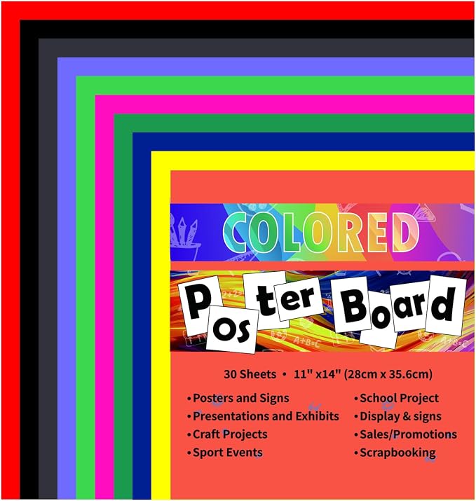 pmybupo Colored Poster Board 30 Sheets 11x14 Inch 10 Assorted Colors for Art Display Board,Classroom Use,School Craft Project,Presentation Drawing