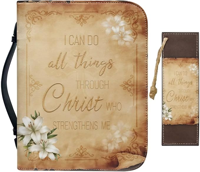 Retro Style Brown Cross Bible Case with Bookmark Waterproof Bible Cover Case for Women Lightweight Bible Bag with Handle Pockets Church Book Bag