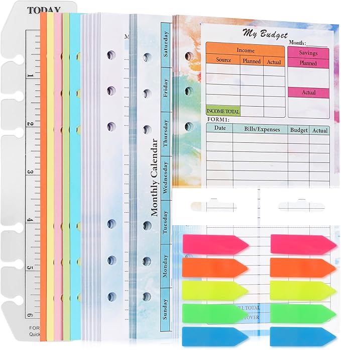 Toplive 7 Pack A6 Planner Inserts Monthly Weekly Planner Refills Expense Budget Sheets with Money Cash Envelopes Divider Today Ruler Stickers for A6 Binder Cover Organizer, Colorful