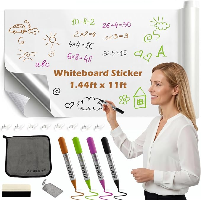 AFMAT Whiteboard Sticker for Wall, 1.44x11ft White Board Paper, Super Sticky Dry Erase Wallpaper, Peel and Stick Dry Erase Board with 4 Markers, No Ghosting Whiteboard Paper for Home Office Classroom