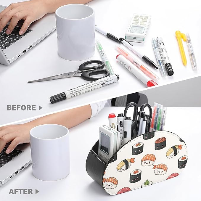 Remote Control Organizer Box with 5 Compartments, PU Leather Desktop Caddy for Media Controllers, Office, and Living Room, Kawaii Food Theme Japanese Sushi