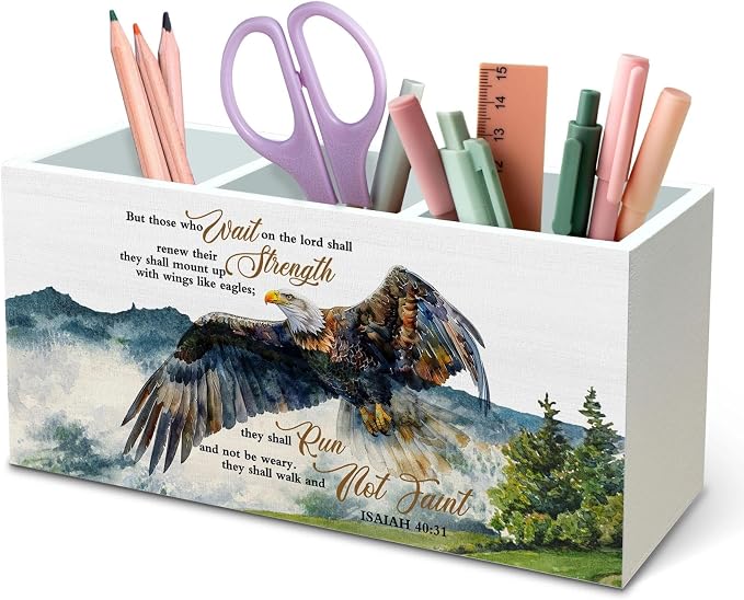 DILSJ Christian Inspirational Pen Pencil Holder Organizer for Desk, Inspirational Gifts for Women, Bible Verse Scripture Eagle Wooden Box Signs for Church Prayer Room Desk Tabletop Decoration Supplies