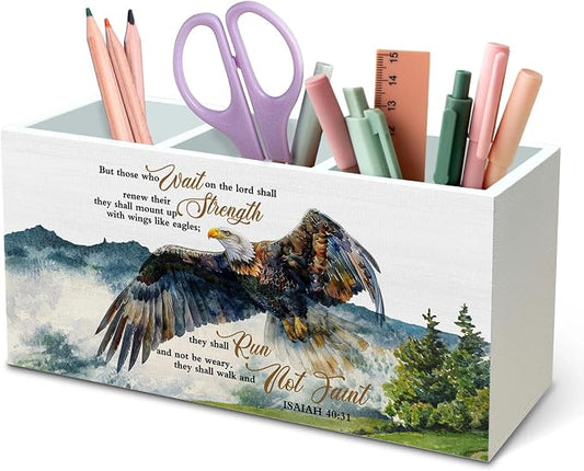DILSJ Christian Inspirational Pen Pencil Holder Organizer for Desk, Inspirational Gifts for Women, Bible Verse Scripture Eagle Wooden Box Signs for Church Prayer Room Desk Tabletop Decoration Supplies