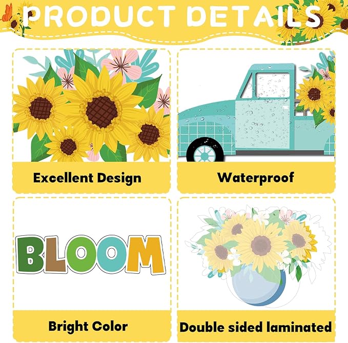 Spring Sunflower Bulletin Board Decoration Set Sunflowers Truck Cutouts Spring Motivational Sayings Butterfly Bulletin Board with Black Plaid Borders for Classroom Wall Door Decor