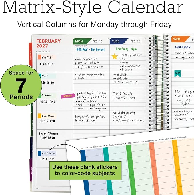 DELUXE TEACHER PLANNER Aug 2026-Jul 2027 8.5x11 Daily Weekly Monthly Organizers with 7 Periods, Pocket Folder, Dated Calendar, Page Tabs, Bookmark and Planning Stickers (Tree Seasons)